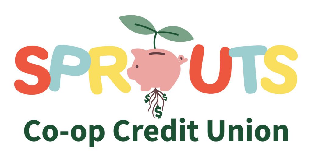 Sprouts kids savings account logo from Co-op Credit Union with piggy bank and plant design